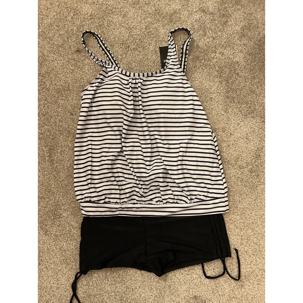 Flamingo Striped Tankini Swimsuit NWT Black/White Blouson & Boyshort, M